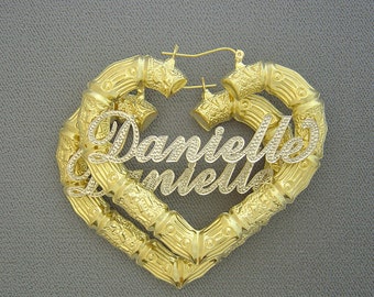 10k Real Gold Iced Out Diamond Accent Rhodium Name Heart Bamboo Earrings 2.5 Inches Wide 2 Tone Jewelry
