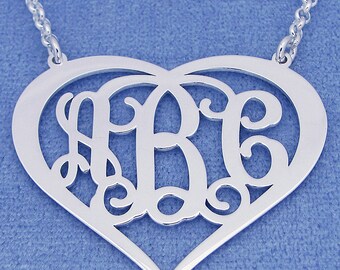 Large Silver Personalized 3 Initials Heart Monogram Necklace Fine Jewelry 1.5" Wide SM58C