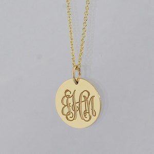 3 Initials Monogram 5/8" Circle Disc Charm Pendant Deep Laser Engrave 10K or 14K Solid Gold GC07