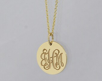 3 Initials Monogram 5/8" Circle Disc Charm Pendant Deep Laser Engrave 10K or 14K Solid Gold GC07