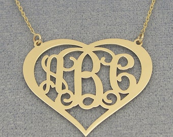 10kt or 14kt Solid Gold 3 Initials Heart Monogram Necklace 1.25" Fine Personalized Jewelry GM57C