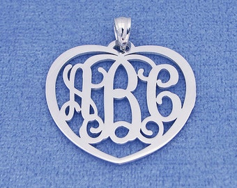 Solid Sterling Silver 3 Initials Monogram Heart Pendant Necklace Jewelry 1" Wide SM52