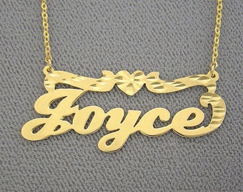 10K or 14K Yellow or White Solid Gold Personalized Name Necklace Diamond Cut Heart NN_14