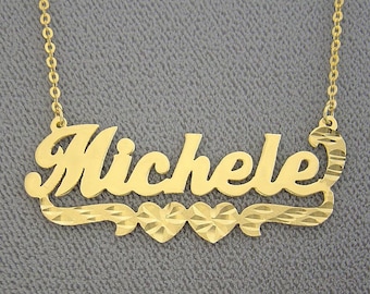 10K or 14K Yellow or White Solid Gold Personalized Name Necklace 2 Hearts Underneath Diamond Cut NN47