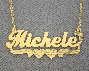 10K or 14K Yellow or White Solid Gold Personalized Name Necklace 2 Hearts Underneath Diamond Cut NN47