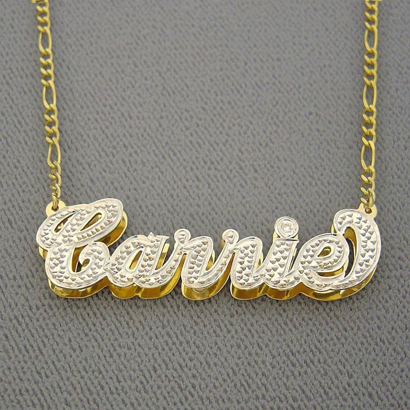 3D Double Plates Iced Out Name Pendant Solid 10K or 14K Gold 3D