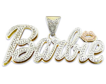 3D Double Plates 2 Inches Cursive Lips Name Pendant Charm Real Solid 10K or 14K Gold Personalized Jewelry