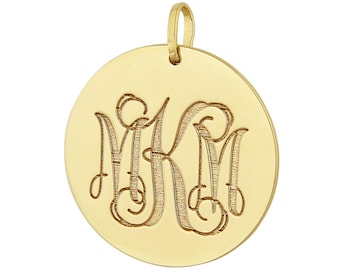 3 Initial Monogram Charm Pendant Necklace 1 Inch Round Disc Deep Laser Engrave 10K or 14K Solid Gold Made in USA GC09