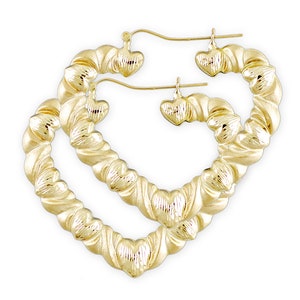 10k Real Gold XO Diamond Cuts Hollow Heart Shape Hoop Earrings 2.4 Inches Wide