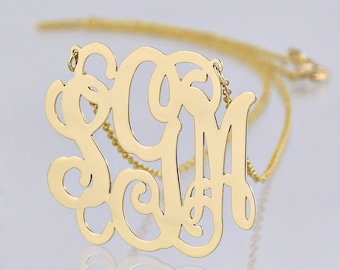 10k or 14k Solid Gold 3 Initials Monogram Necklace 1 1/4 Inch Fine Personalized Jewelry GM32C