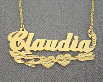 10K or 14K Yellow or White Solid Gold Personalized Name Necklace Valentine Cupid's Arrow Underneath Diamond Cut NN45