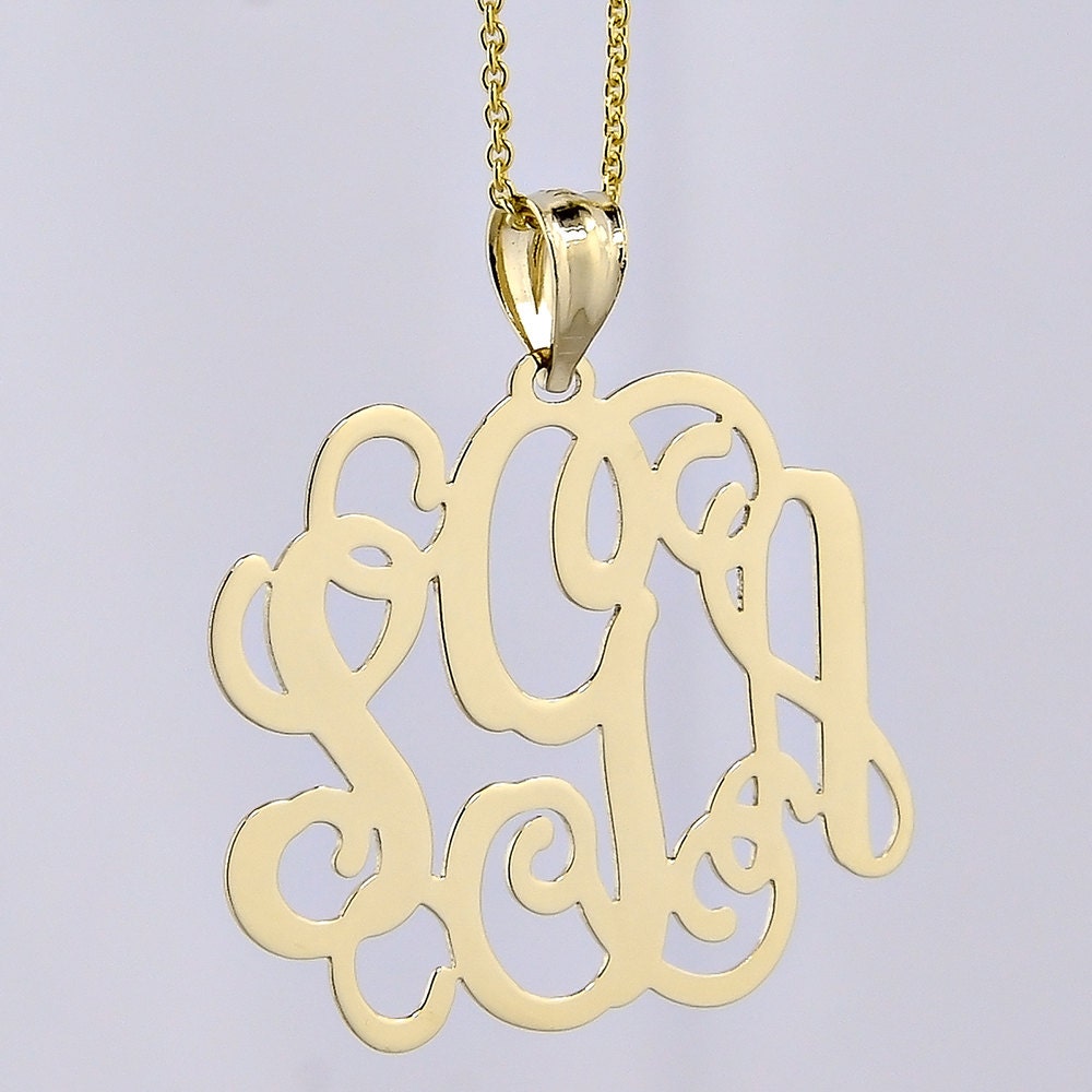 14K Solid Gold 3 Initials Personalized Monogram Pendant Chain 1 
