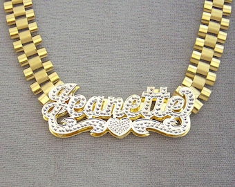 10K Gold Personalized Name 10 mm Watch Band Style Link Chain Diamond Accent 3D Iced Out Nameplate RCN10