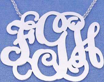 Personalized Sterling Silver 3 Initials Monogram Necklace 2 1/2 inch wide SM36C