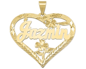 10k or 14k Solid Gold Personalized Name Heart Pendant Diamond Cut Flower Fine Jewelry