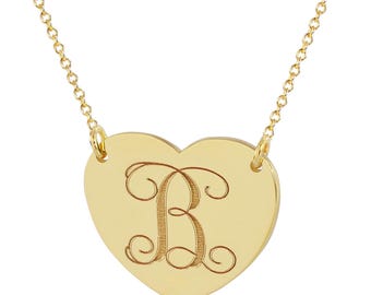 10k or 14k Solid White or Yellow Gold Half Inch Tiny Heart Disc Charm Pendant Necklace Deep Laser Engraved Monogram Initial GC20C