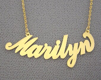 10K or 14K Yellow or White Solid Gold Personalized Curved Name Necklace Cursive Letters NN_18