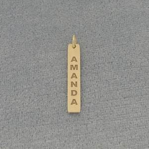 Extra Small 10k or 14k Solid Yellow or White Gold Deep Laser Engraved Both Sides Personalized Name Vertical Bar Pendant GC31B