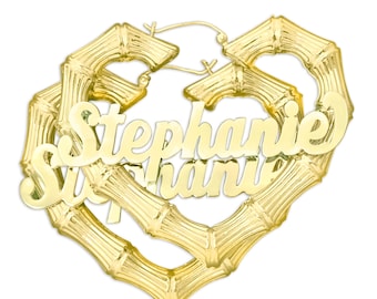 10k or 14k Real Gold Personalized Name Skinny Heart Shape Bamboo Earrings 2.4 Inches Wide Fine Jewelry