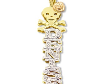 Real 10K Solid Gold Personalized 3D Vertical Iced Out Name Pendant Skull Cross Bone Rose Fine Jewelry