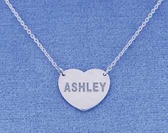 Personalized Small Sterling Silver Deep Laser Engraved Name Heart Charm Pendant Necklace SC22C