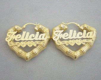 10k or 14k Gold Personalized Shiny Name Heart Shape Bamboo Earrings 1.5 Inches Wide Diamond Cut Hearts.