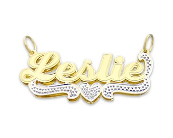 Small Size Real Gold Personalized 3D Double Plates Name Pendant Charm Two Tone 10k or 14k Fine Jewelry