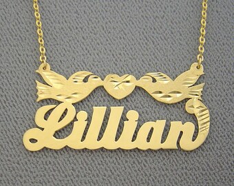 10K or 14K Yellow or White Solid Gold Personalized Name Necklace 2 Kissing Birds Laser Cut NN19