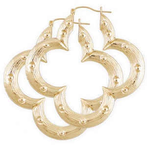 Large Real 10K Yellow Gold Flower Shape Bamboo Hollow Hoop Earrings 2.5 inch