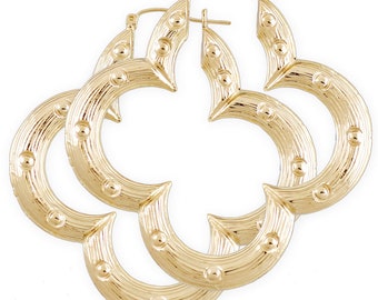 Large 10K Yellow Gold Flower Bamboo Hoop Earrings, Real Gold Door Knocker Hoops 2.5"