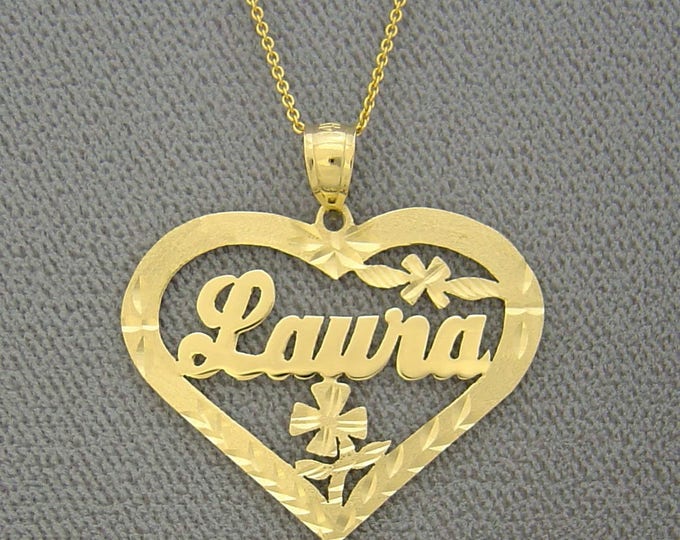 Featured listing image: 10k or 14k Yellow or White Solid Gold Personalized Name Heart Pendant Diamond Cut Flower Fine Jewelry NP41