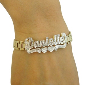 10K Gold Personalized Name 8 mm Watch Band Style Bracelet Anklet Diamond A       .        .ccent 3D Double Plates Custom Made Jewelry