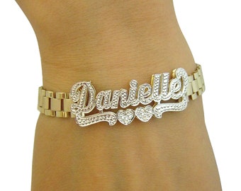 10K Gold Personalized Name 8 mm Watch Band Style Bracelet Anklet Diamond Accent 3D Double Plates Custom Made Jewelry