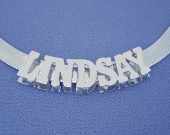 Silver 3D Personalized Shiny Block Font Name Necklace Pendant Charm Slider 7 mm Herringbone Chain