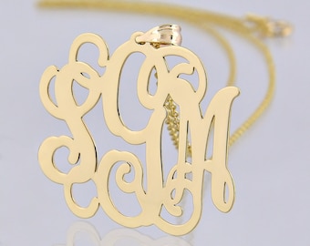 10K or 14K Solid Gold 3 Initials Monogram Pendant Necklace 1 1/4 Inch Personalized Jewelry GM32