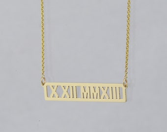 Roman Numeral Bar Pendant, Horizontal 1 Inch Dainty Solid Gold Jewelry GC15C