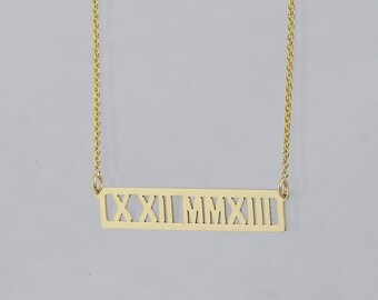 Roman Numeral Bar Pendant, Horizontal 1 Inch Dainty Solid Gold Jewelry GC15C