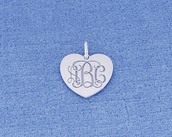 Personalized Small Sterling Silver Deep Laser Engraved 3 Initial Monogram Tiny Heart Charm Pendant Necklace SC21