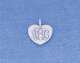 Personalized Small Sterling Silver Deep Laser Engraved 3 Initial Monogram Tiny Heart Charm Pendant Necklace SC21