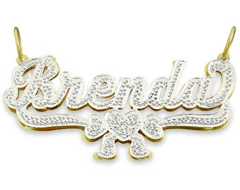 10k or 14k Personalized Double Plate Name Pendant Ribbon Charm 2 Tone Jewelry