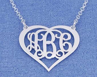 Sterling Silver Personalized 3 Initials Heart Monogram Necklace Fine Jewelry 1" Wide SM56C