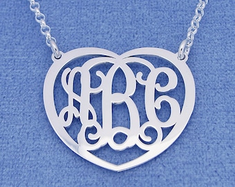 Sterling Silver Personalized 3 Initials heart Monogram Necklace Fine Jewelry 1" Wide SM52C