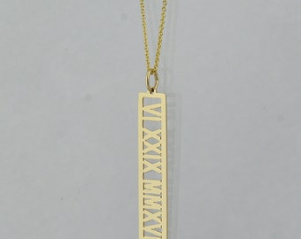 Roman Numeral Vertical Bar 1.25 Inch Pendant Solid Gold Personalized Jewelry GC16