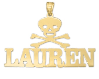 Personalized Skull Crossbones Pendant: 10K or 14K Gold Custom Name Charm