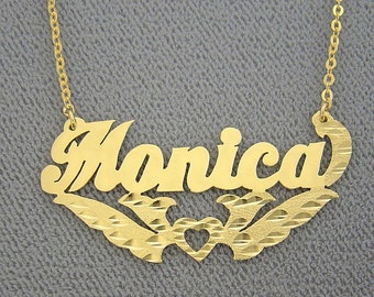 10K or 14K Yellow or White Solid Gold Personalized Name Necklace Open Heart Underneath Diamond Cut NN51