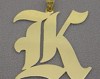 Large Solid 14k Gold Old English Font Initial Pendant 1.75 Inches Tall.