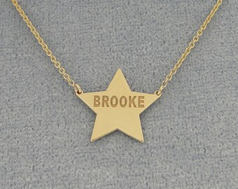 10k or 14k Solid White or Yellow Gold Tiny Star Disc Charm Pendant Necklace Deep Laser Engraved Any Name GC26C