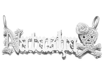 Sterling Silver Personalized Name Pendant Necklace 3D Double Plate Diamond Accent Skull Crossbones Rose SD28