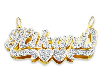 Personalized 10k or 14k Gold 3D Double Plates Name Pendant Diamond Accent 2 Tone Custom Fine Jewelry ND51