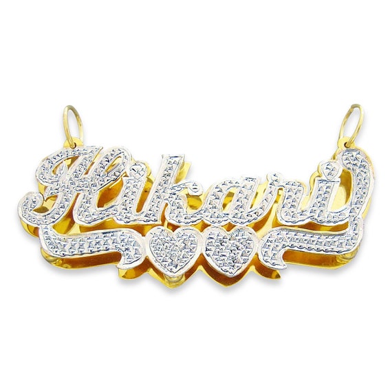 Personalized 10k or 14k Gold 3D Double Plates Name Pendant Diamond